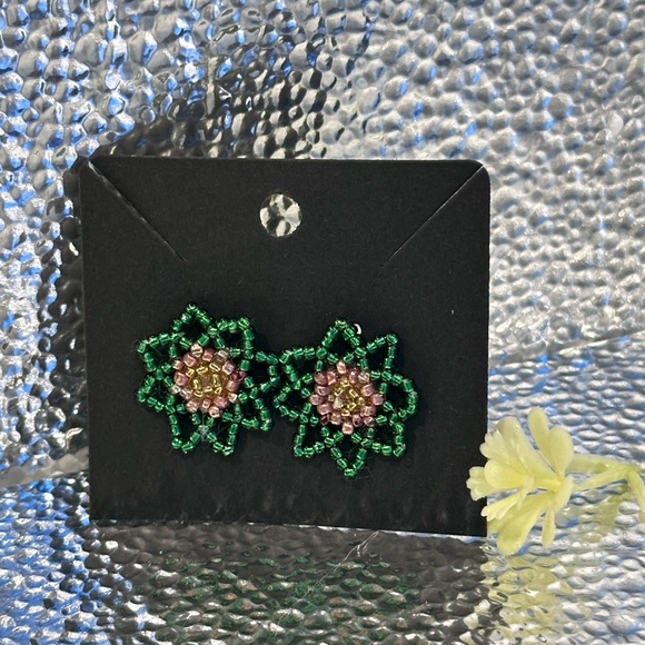 Floral Beaded Earrings in Green and Pink - Picture 1 of 2